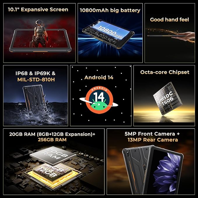 HOTWAV R10 Pro 2025 Rugged Tablet Android 14-10.1 Inch HD+ 10800mAh Waterproof Tablet, 20GB RAM+256GB ROM/1TB TF Outdoor Tablets, 13MP+5MP Camera Octa-Core IP68&IP69K/4G-LTE/5G WiFi/Face ID/GPS/OTG