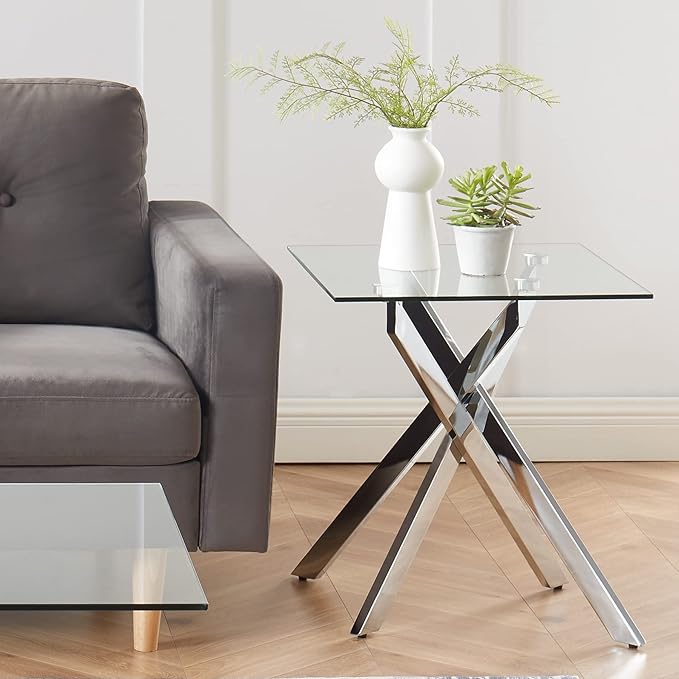 Modern Style Square Side Table with Tempered Glass Top and Metal Tubular Legs, Silver 20”Dx20”Wx22”H