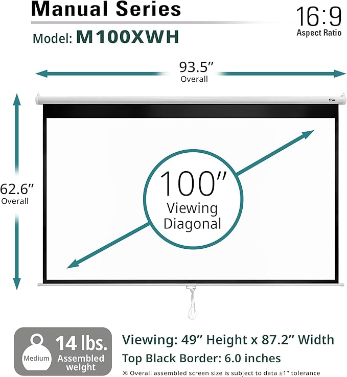 Elite Screens Manual Series, 100-INCH 16:9, Pull Down Manual Projector Screen with AUTO Lock, Movie Home Theater 8K / 4K Ultra HD 3D Ready, 2-Year Warranty (100" / 16:9)