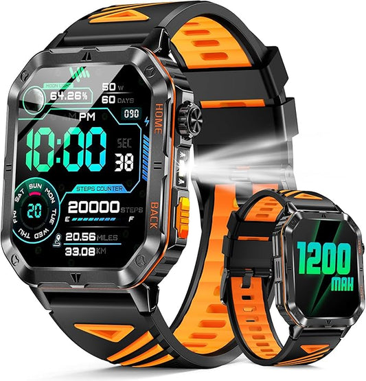 Military Smart Watch for Men, 2.01'' Fitness Tracker with 1200mAh Long Battery Life, Bluetooth Calls, Flashlight, IP68 Waterproof, Heart Rate/Sleep Tracking, 100+ Sports Modes for Android iPhone