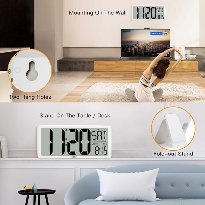 XREXS Large Digital Wall Clock with Backlight, 16.9 Inch Jumbo LCD Screen with Time/Calendar/Temperature Display, Alarm Clocks for Bedroom Home Decor, Count Up & Down Timer (Batteries Included)