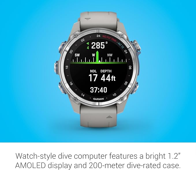 Garmin Descent Mk3 Dive Computer and Multisport Smartwatch with AMOLED Display with Advanced Dive Modes and GPS Navigation (43mm, Stainless Steel with Fog Gray Silicone Band)