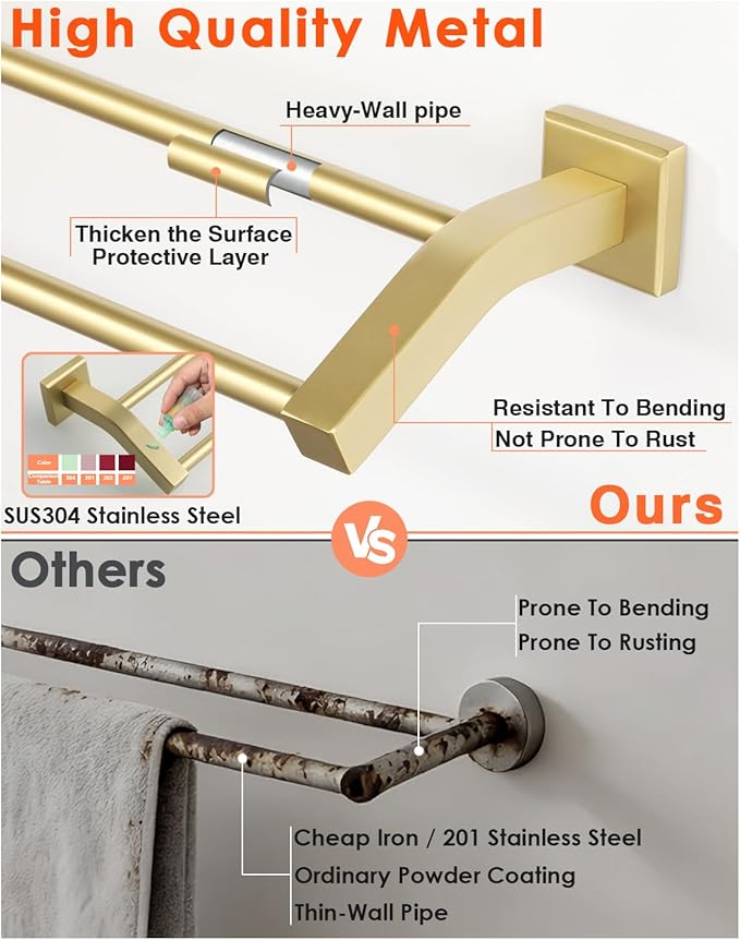 Alise Bath Double Towel Bars Towel Racks for Bathroom Lavatory,Wall Mount Towel Holder Heavy Duty SUS304 Stainless Steel Towel Hanger Towel Rail,Gold Finish,16 Inch