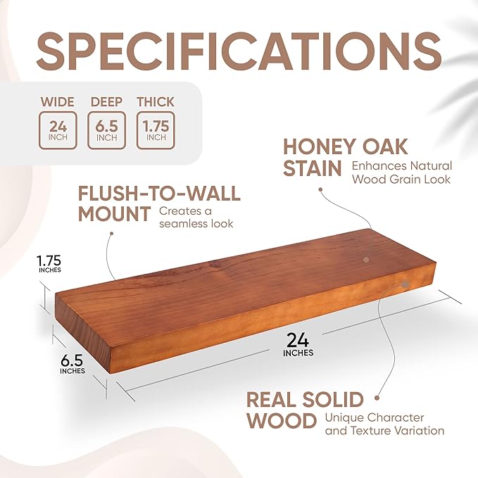 Homeforia 24inch Oak Floating Shelf for Wall, High End Solid Real Wood 24 inches Long Floating Shelves for Bathroom, Honey Oak Wooden Floating Shelves, Heavy Duty Bracket, 24 X 6.5 X 1.75 in, Set of 2