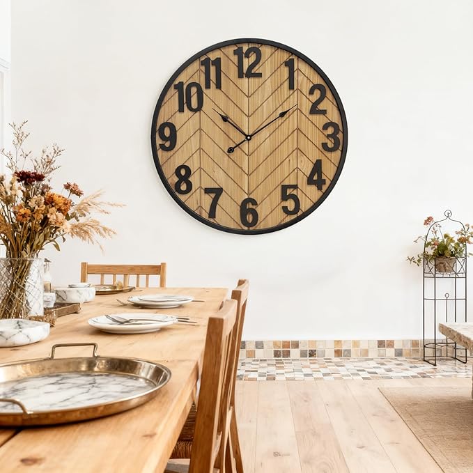 30 Inch Large Wall Clock, Oversized Wooden Farmhouse Wall Clock with Black Metal Frame, Battery Operated Non-Ticking Silent Wall Clocks for Living Room, Kitchen, Bedroom Decor (Brown)