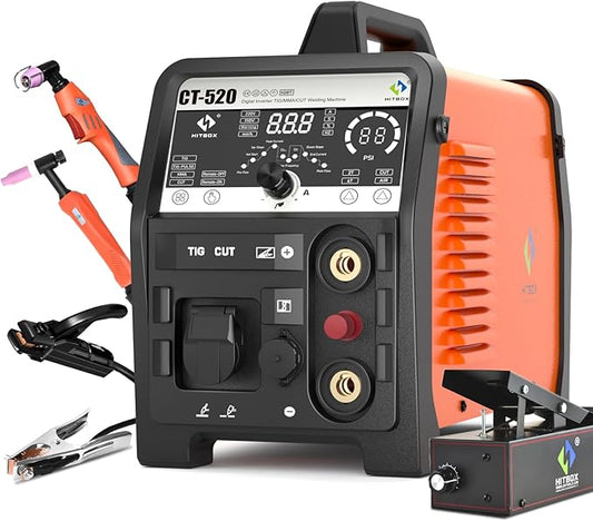 HITBOX Plasma Cutter Welder Combo, 4 IN 1 [Air Sensor Technology] 50Amp HF Non-Touch Pilot Arc TIG Welding with Foot Pedal, 110V/220V 2T/4T Stick/MMA/Pulse TIG, Whole LED Display Screen (CT-520)