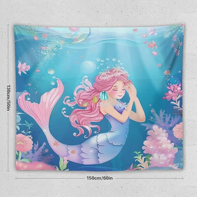 HZOHNAGO Mermaid Girls Tapestry Watercolor Flowers Mermaid Princess Blessing Pattern for Kids Room Decoration Printed Wall Tapestry Wall Hanging for Bedroom Living Room Dorm 60" W x 50" H