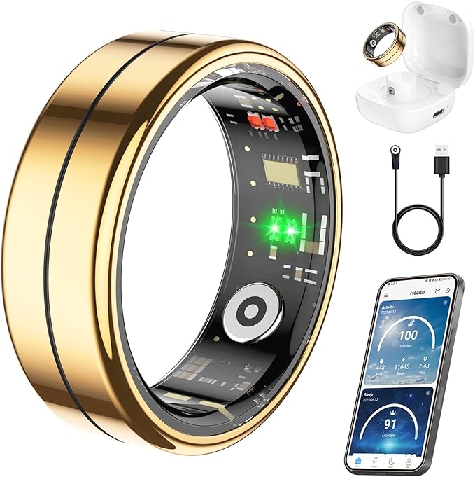 Fit Ring, Smart Health Rings for Women Men with Heart Rate,Blood Oxygen,HRV,Stress Level, Sleep Monitor, Step Tracker, No Subscription Fee, IP68 Waterproof Smart Ring for iphone &Android (Gold, 9#)