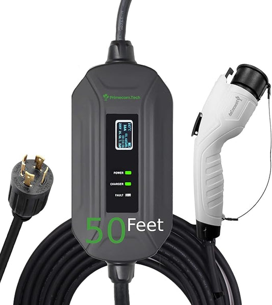 PRIMECOM Level 2 Electric Vehicle (EV) Charger (220V / 240Volt, 16Amp) Portable EVSE Smart Electric Car Charger, 30', 40', and 50 Feet Lengths (NEMA L14-30P, 50 Feet)