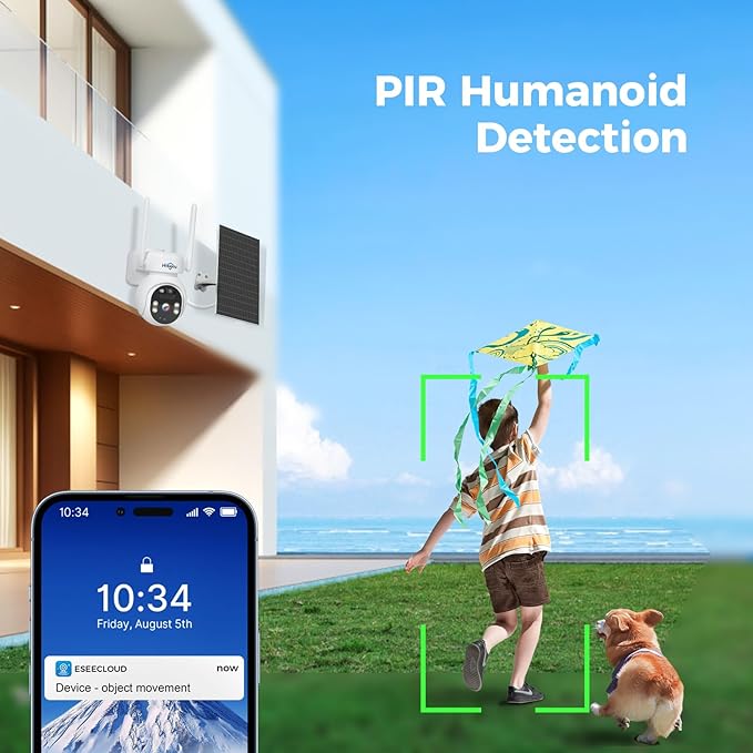 Hiseeu Solar Camera, 4MP 100% Wireless WiFi Camera Outdoor, Humanoid Detection, PTZ 360° View, Color Night Vision, IP66 Waterproof, 2-Way Audio, 2.4G WiFi, Compatible with NVR, No Monthly Fee, 2PCS