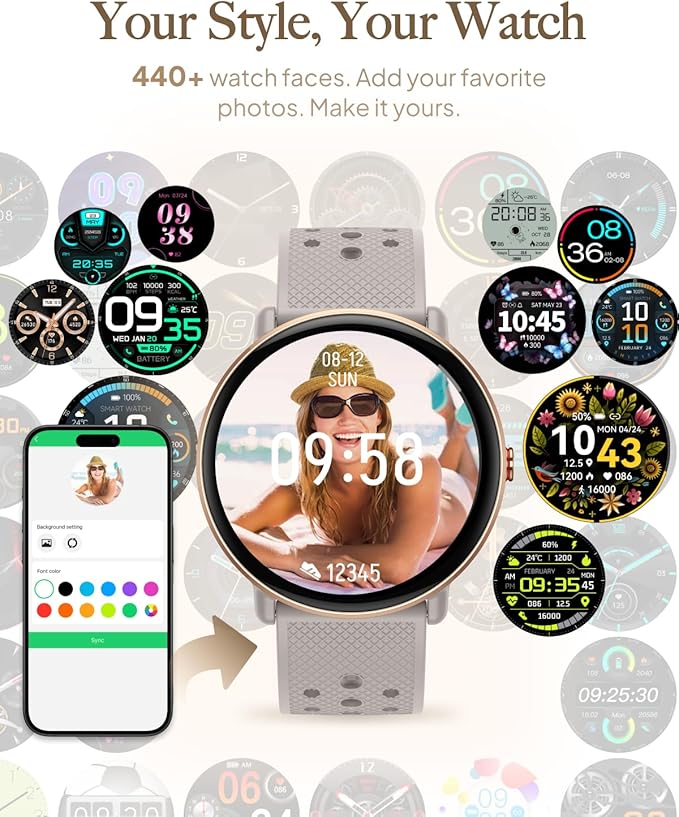 Smart Watch for Women Men, for Android iOS with Sleep Monitor, Pedometer Fitness Tracker, Bluetooth Call, IP68 Waterproof, 112+ Sport Modes Calorie Counter Round Smartwatch (Casual, Gold-Pink, 1.39)