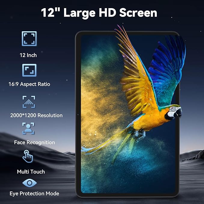 12 Inch Tablet, Android 15 Tablets with 2000*1200 Resolution IPS Touch Screen, 20GB RAM (6+14GB), 128GB ROM+1TB Expand, T615 Octa-Core Processor / 8000mAh Battery / 18W Fast Charge, Dual WiFi, Black