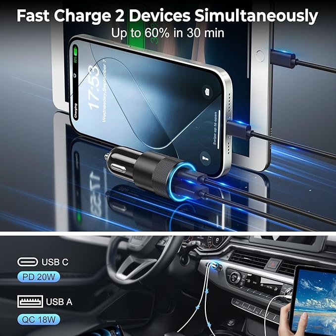 6 Pack USB C Car Charger, Ancekoy 38W Dual USB-C + USB-A Car Charger Adapter Fast Charge PD/QC 3.0 Cigarette Lighter Adapter USB Charger Plug for iPhone 17/16/15/14/13/12/11/Pro Max, iPad, Samsung
