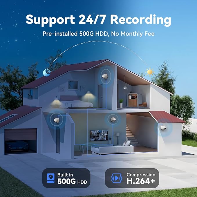 Security Camera System with 500GB HDD, 4pcs Wired Surveillance CCTV Dome Cameras for Indoor Outdoor, 4CH AHD TVI 5MP Lite DVR Recorder, Smart Motion Detection, Night Vision, Waterproof