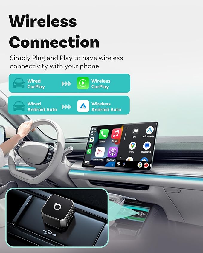 OTTOCAST Mini 3.0 Black 2-in-1 Wireless CarPlay & Android Auto Adapter – Plug & Play for iPhone/Android, Dual-Phone Memory, Dual-Band WiFi (2.4/5GHz), Auto-Reconnect