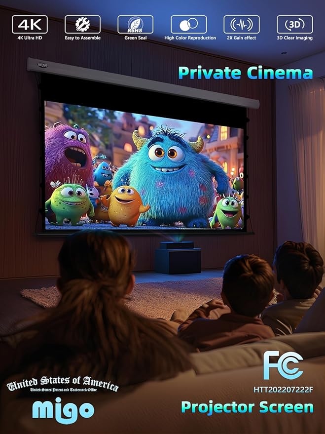 MIGO 150 Inch Pull Down Electric Projector Screen, Grey Crystal 2.0 Gain Partial Ambient Light 4K Tab-Tension Projector Screen Wall & Ceiling Mount for Short Throw Projector Movie Home Theater Cinema
