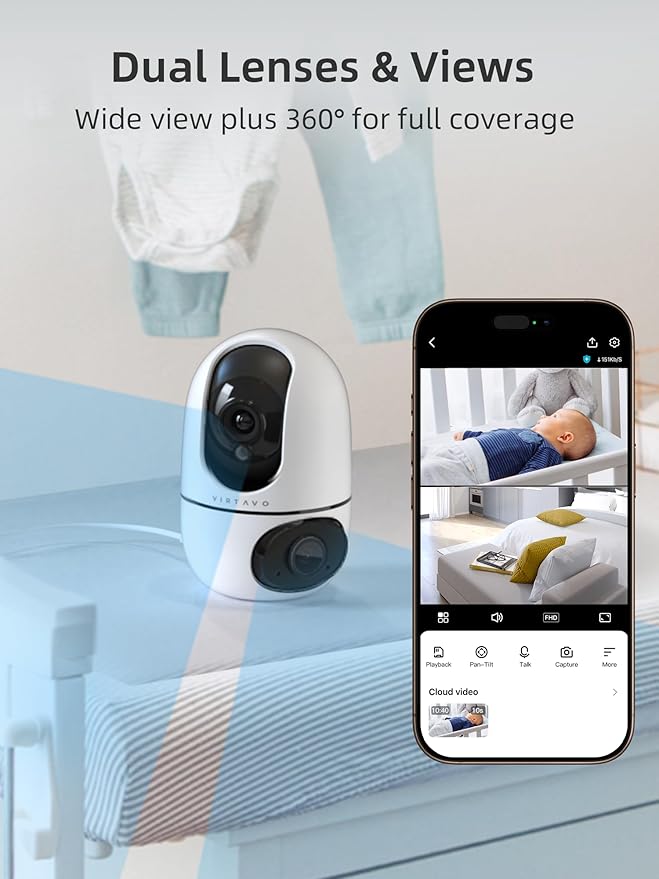 virtavo Indoor Security Camera, Dual-Lens 360° PTZ WiFi Baby Pet Monitor for Home, Motion Tracking, 2-Way Audio, Night Vision, No Subscription, WiFi6 2.4GHz/5GHz, SD & Cloud Storage, Works with Alexa