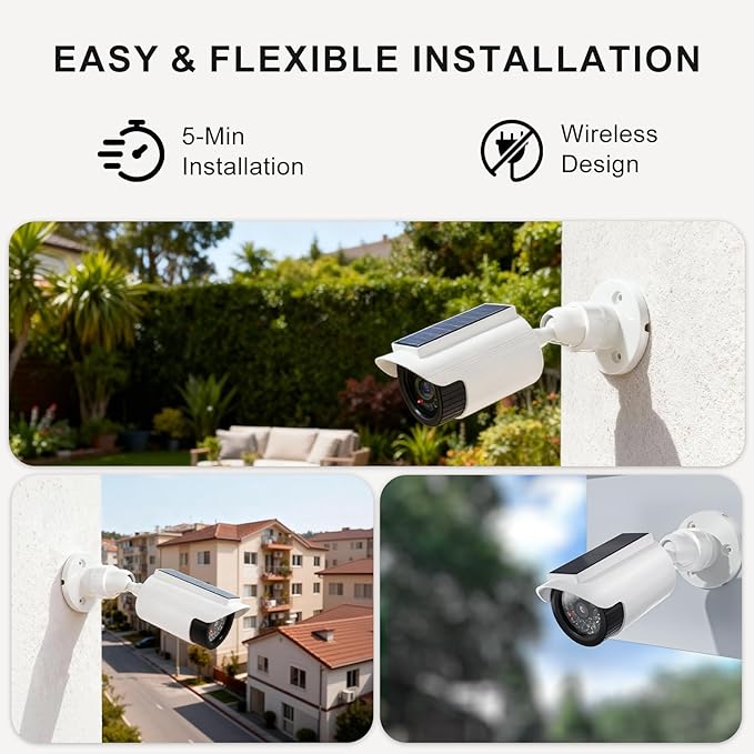 WALI Fake Dummy Camera, Solar Powered Fake Security Camera with LED Light, for Inside Outside Decoy Simulated Surveillance Security CCTV Dome Cameras with Warning Sticker (SOLTC-W2), 2 Packs, White
