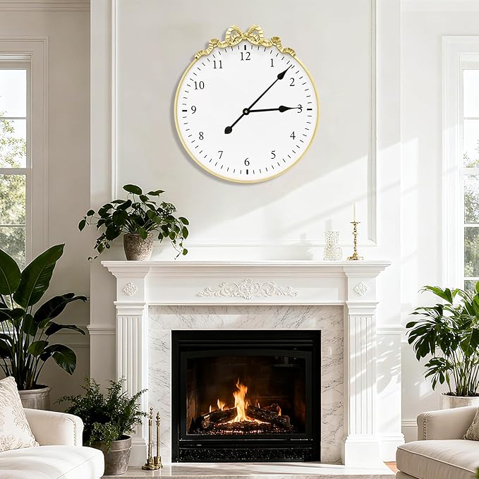 Large Vintage Gold Wall Clock, 27.5inch Decorative Round Wall Clocks with Bow Decor for Living Room, Retro Metal Battery Operated Clocks for Bedroom, Dining Room,Office