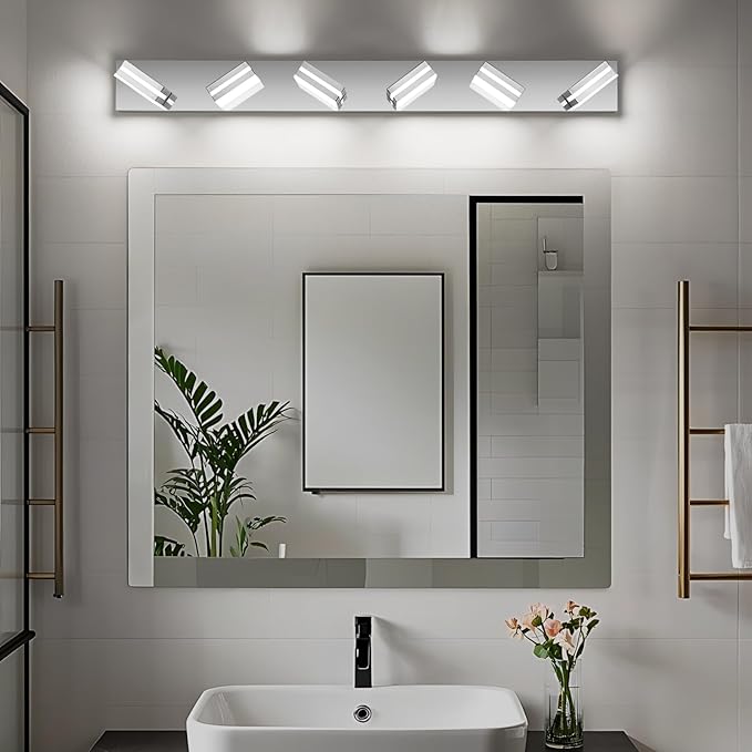 Modern LED Bathroom Lights Fixtures(6-Light),Stainless Steel Chrome Acrylic Wall Lighting,Vanity Lights for Bathroom Over Mirror(6000k 41in)