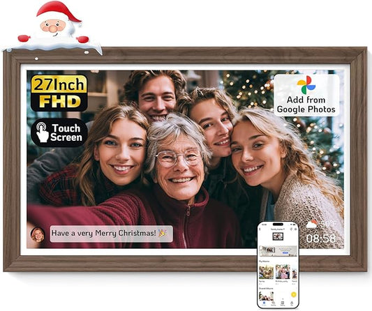 NexFoto Large Digital Picture Frame 27'' Touchscreen, WiFi Electronic Photo Frame 64GB 1920 * 1080 - Add Photos from Google Photos, Upload Videos, for Christmas/Housewarming/Mom/Birthday, Walnut
