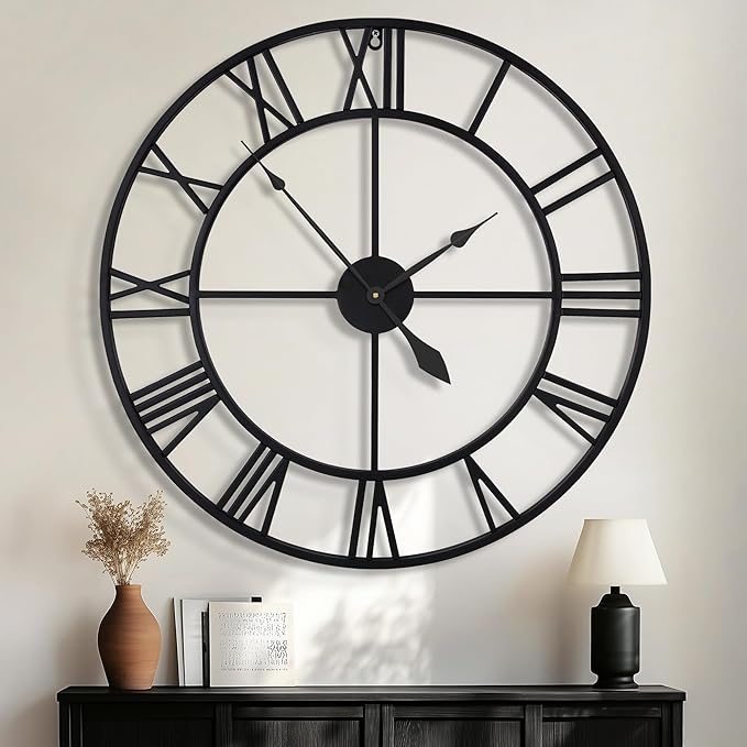 40 Inch Large Wall Clock, Oversized Modern Round, Black Metal, Noiseless, Almost Non-Ticking Battery Operated, Roman Numerals, Clocks for Living Room, Bedroom, Wall Clock Decoration