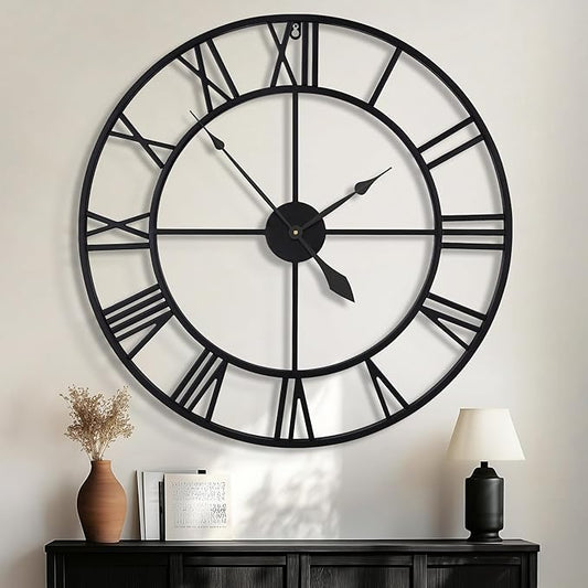 40 Inch Large Wall Clock, Oversized Modern Round, Black Metal, Noiseless, Almost Non-Ticking Battery Operated, Roman Numerals, Clocks for Living Room, Bedroom, Wall Clock Decoration