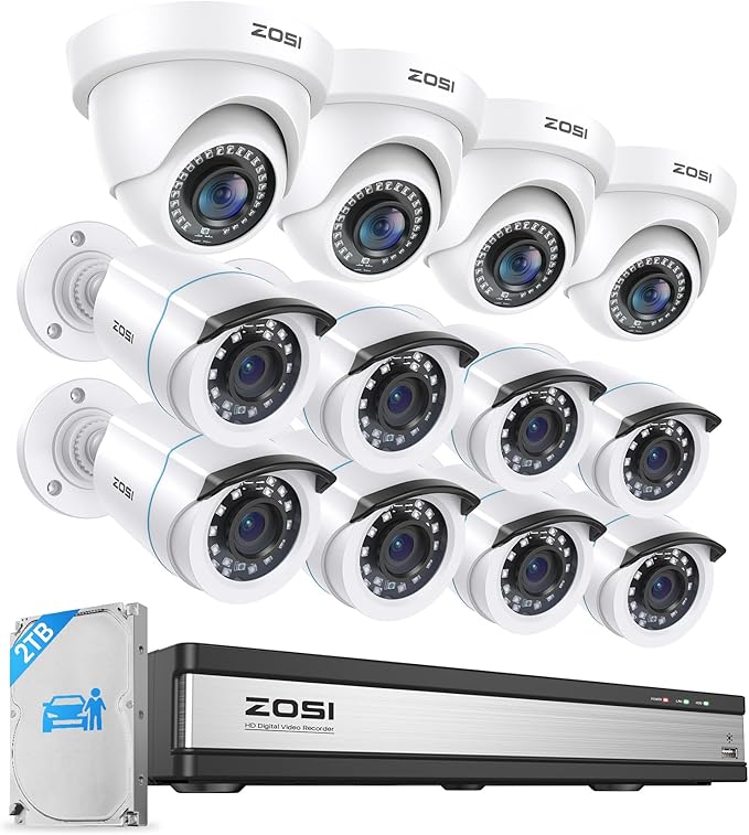 ZOSI 1080p 16 Channel Security Camera System Outdoor with AI Human Vehicle Detect, 12 x 2MP Weatherproof Surveillance CCTV Bullet Dome Camera, H.265+ DVR, 2TB HDD, 80ft Night Vision, 90° View Angle