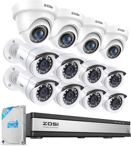ZOSI 1080p 16 Channel Security Camera System Outdoor with AI Human Vehicle Detect, 12 x 2MP Weatherproof Surveillance CCTV Bullet Dome Camera, H.265+ DVR, 2TB HDD, 80ft Night Vision, 90° View Angle