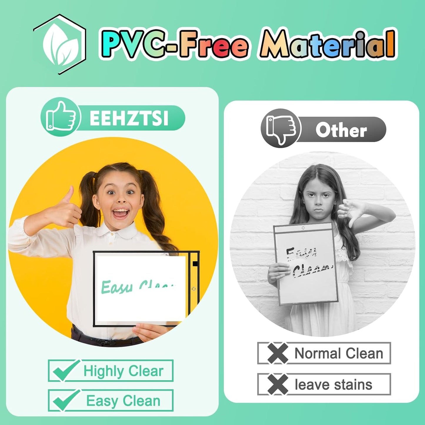 50 Packs Dry Erase Pocket Sleeves with 2-Ring, Reusable Clear Plastic Classroom Sleeves, 10x14 Inch Ticket Holders, Plastic Sleeves for School/Office Organization