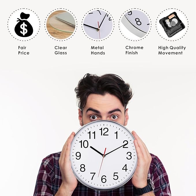 Plumeet Extra Large Wall Clock - 16" Non Ticking Silent Quartz Black Wall Clocks - Simple Design Wall Clocks for Living Room Decor, Battery Operated, Chrome