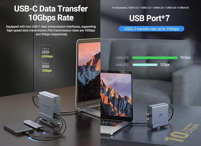 Vertical Laptop Docking Station 3 Monitors, 15-in-1 USB C Dock Station Hub Triple Display with 2X 4K HDMI & 1x DP, 10Gbps USB-C and USB-A 3.2 Data, 100W PD Charging+Ethernet+SD/TF+Audio