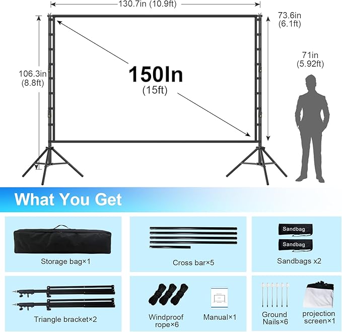 Outdoor Projector Screen and Stand,150-inch Indoor Portable Projection Screen,16:9 4K HD Wrinkle-Free Rear Front Movie Screen with Carry Bag for Backyard Movie Night RVing Home Theater