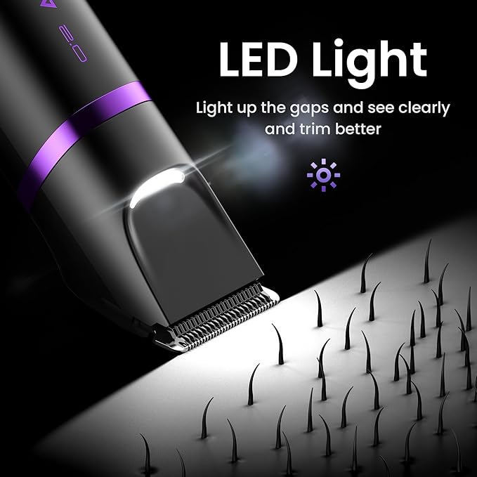 Groin & Body Hair Trimmer for Men - Electric Shaver for Pubic Hair, Chest, Legs - Ball Pubic Groomer, LED Light, Replaceable Ceramic Blade Heads, USB-C Recharge Dock, Waterproof Hygiene Razor, Purple