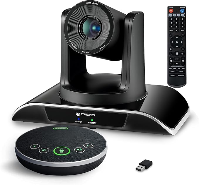 TONGVEO All-in-One Conference Room Video Camera System Al Auto-Tracking HD1080P 60fps 3X Optical Zoom USB3.0 HDMI PTZ Camera and Bluetooth Conference Speakerphone with Microphones