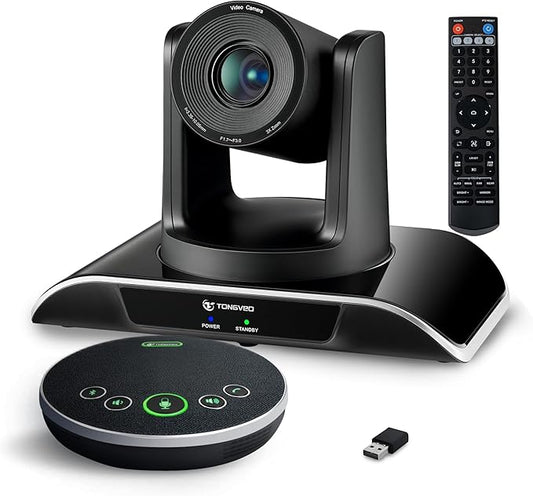 TONGVEO All-in-One Conference Room Video Camera System Al Auto-Tracking HD1080P 60fps 3X Optical Zoom USB3.0 HDMI PTZ Camera and Bluetooth Conference Speakerphone with Microphones