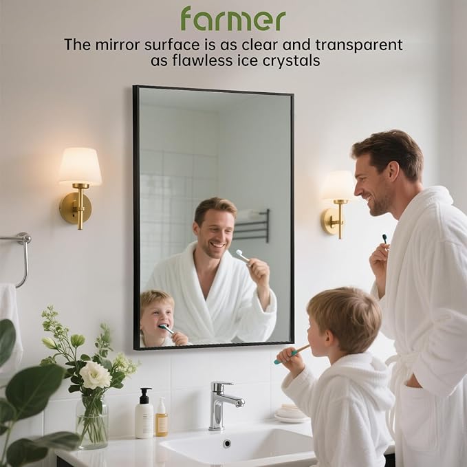 FARMER 22x30 Inch Black Bathroom Mirror, Rectangle Wall Mounted Mirror, Vanity Mirror, Brushed Square Mirror, Framed Bathroom Mirror for Bedrooms, Entryways, Living Rooms, Horizontal/Vertical