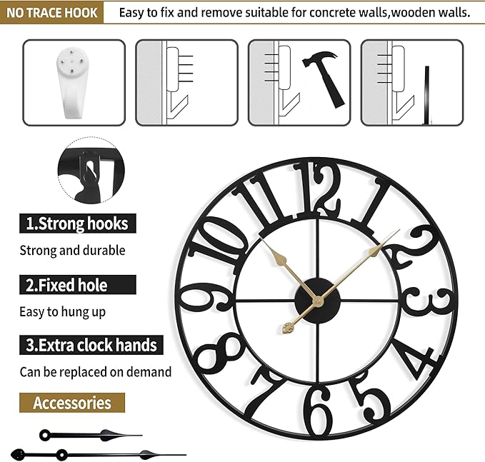Large Wall Clock for Living Room Decor - 47cm/ 18 Inches Silent Non-Ticking Metal Wall Clocks Battery Operated, Vintage Decorative Modern Wall Clock for Bedroom, Office, Farmhouse Decor