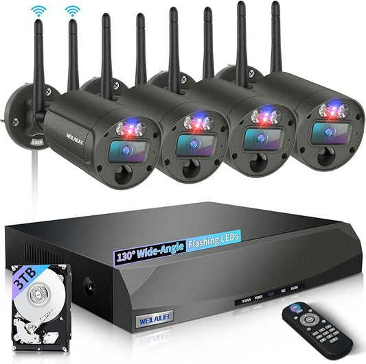 【90 Days Storage & 130° Wide Angle】 Wireless Security Camera System, Wireless Cameras for Home Security, Outdoor WiFi Video Surveillance DVR Kits