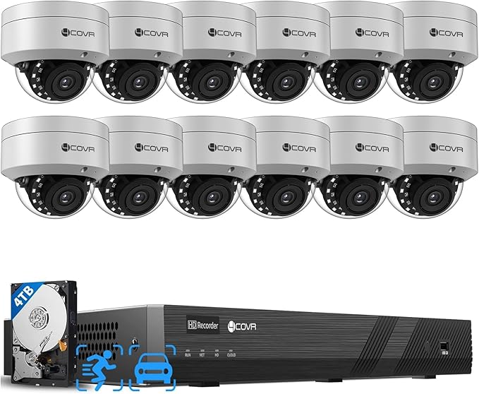 4COVR 16 Channel PoE Security Camera System 4K, Human/Vehicle Detection, 12X IK10 Vandal-Proof 8MP Wired Commercial Dome IP Camera IP67, NVR & 4TB HDD, Business Surveillance Outdoor, LY54AX8M1612-1