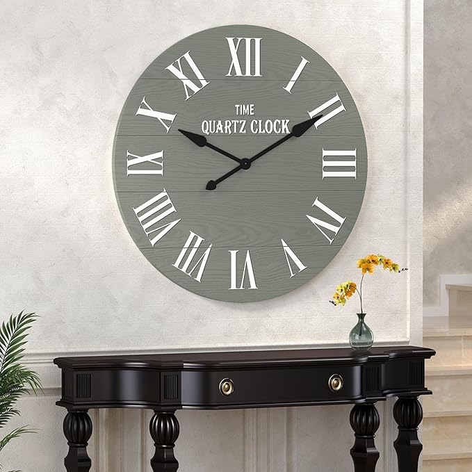 ARTPOWER Large Farmhouse Wall Clock, 35.5” Shiplap Wall Clock with Roman Numeral, Nearly Non-Ticking, Round Wall Clocks for Living Room Decor, Office, Bedroom, Entrance, Sage Green