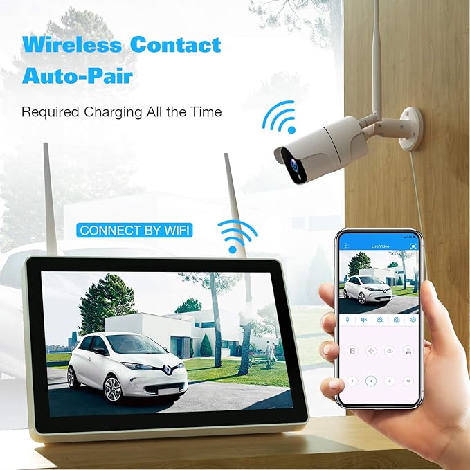 Wireless Security Camera System with 12" Monitor &500GB HDD, 8CH NVR Security Camera System Wireless Outdoor with 4pcs WiFi Cameras, Night Vision 24/7 Recording (500GB HDD+4cam+12" Monitor)