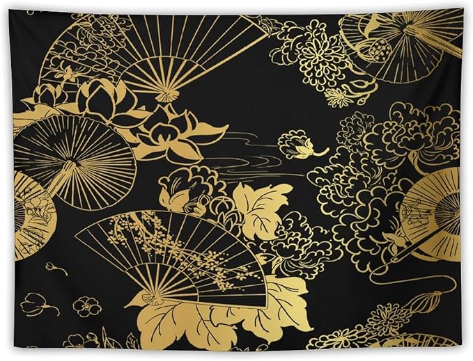 HZOHNAGO Japanese Tapestry Gold Flowers Umbrella Fan Pattern Printed Wall Tapestry Painting Wall Hanging for Bedroom Living Room Dorm 40" W x 30" H