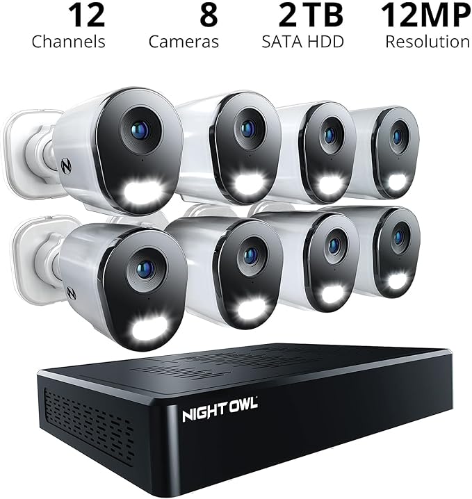 Night Owl 12 Channel NVR Security System with 2TB Hard Drive and 8 Wired IP 4K Plus Deterrence Cameras