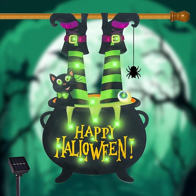 Halloween Lighted Garden Flag for Outside, Witch Feet Shape Flag Yard Decor, 8 Modes Double Sided Cauldron Eyeball Black Cat Outdoor Hlloween Decorations for Home Porch (Green-28x40)