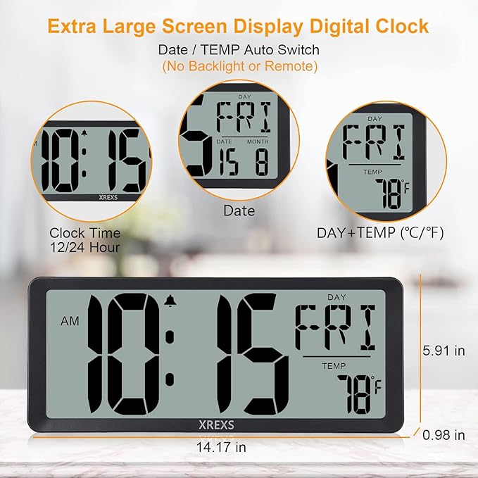 XREXS Large Digital Wall Clock, Battery Operated Alarm Clocks for Bedroom Home Decor, Count Up & Down Timer, 14.17 Inch Large LCD Screen with Time/Calendar/Temperature Display (Batteries Included)