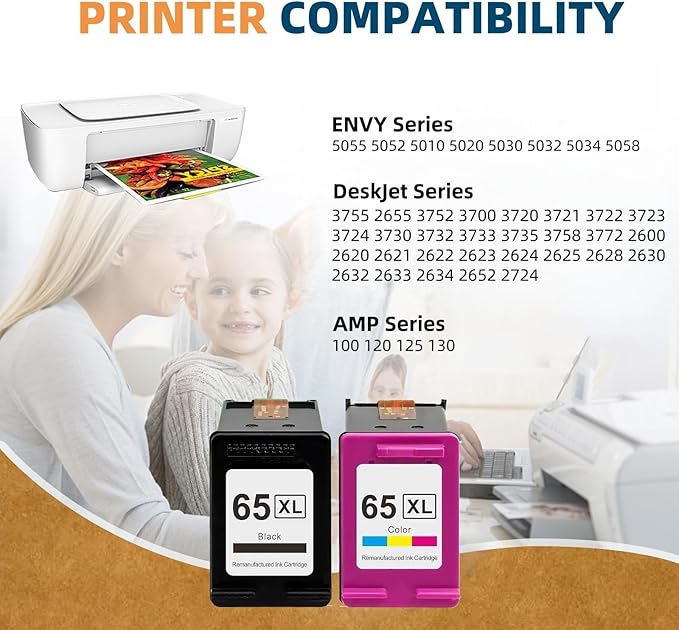 ReManufactured Ink Cartridge Replacement for HP 65 Ink 65 XL 65XL DeskJet 3755 2652 2655 3752 2622 Envy 5055 5052 5058(1Black1Color)