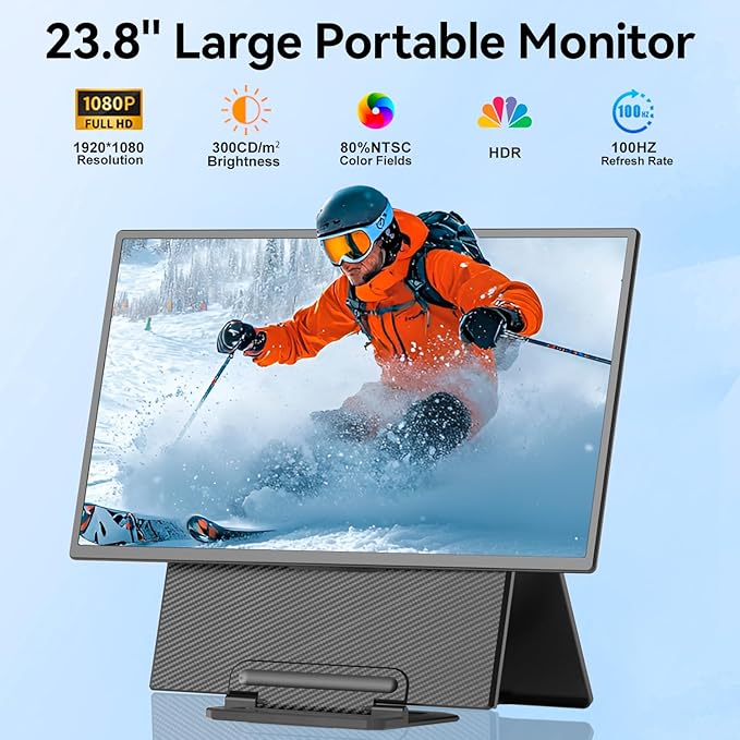 Portable Monitor 24" 100Hz for Work Home Office Game, 1080P FHD IPS Laptop Screen Extender with Rotating Stand & VESA, Laptop Monitor Extender USB-C HDMI Plug-Play for Mac Windows PS Switch Xbox Phone