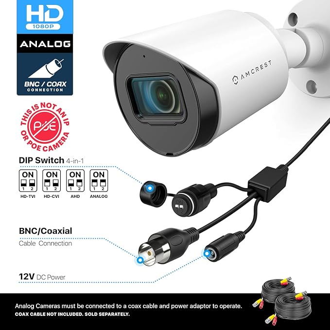 Amcrest Full HD 1080P Bullet Outdoor Security Camera (Quadbrid 4-in1 HD-CVI/TVI/AHD/Analog), 2-Megapixel, 98ft Night Vision, 2.8mm Lens 129° Viewing Angle, White (AMC1080BC28-W)