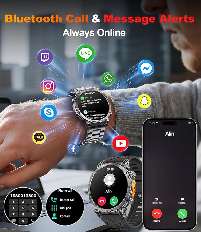 Military Smart Watches for Men GPS, 1.56" AMOLED Screen Bluetooth Call, Smartwatch for Android Phones and iPhone, 100+ Sport Modes, 3ATM Waterproof Smart Watch with Compass(Orange & Blue)